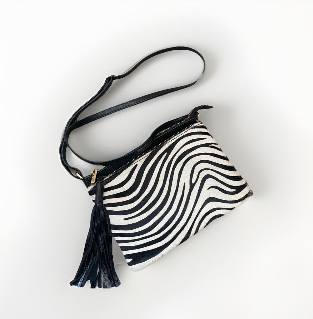 Genuine Leather Crossbody Bag Black White Pony Hair Western Fringe Handbag Purse